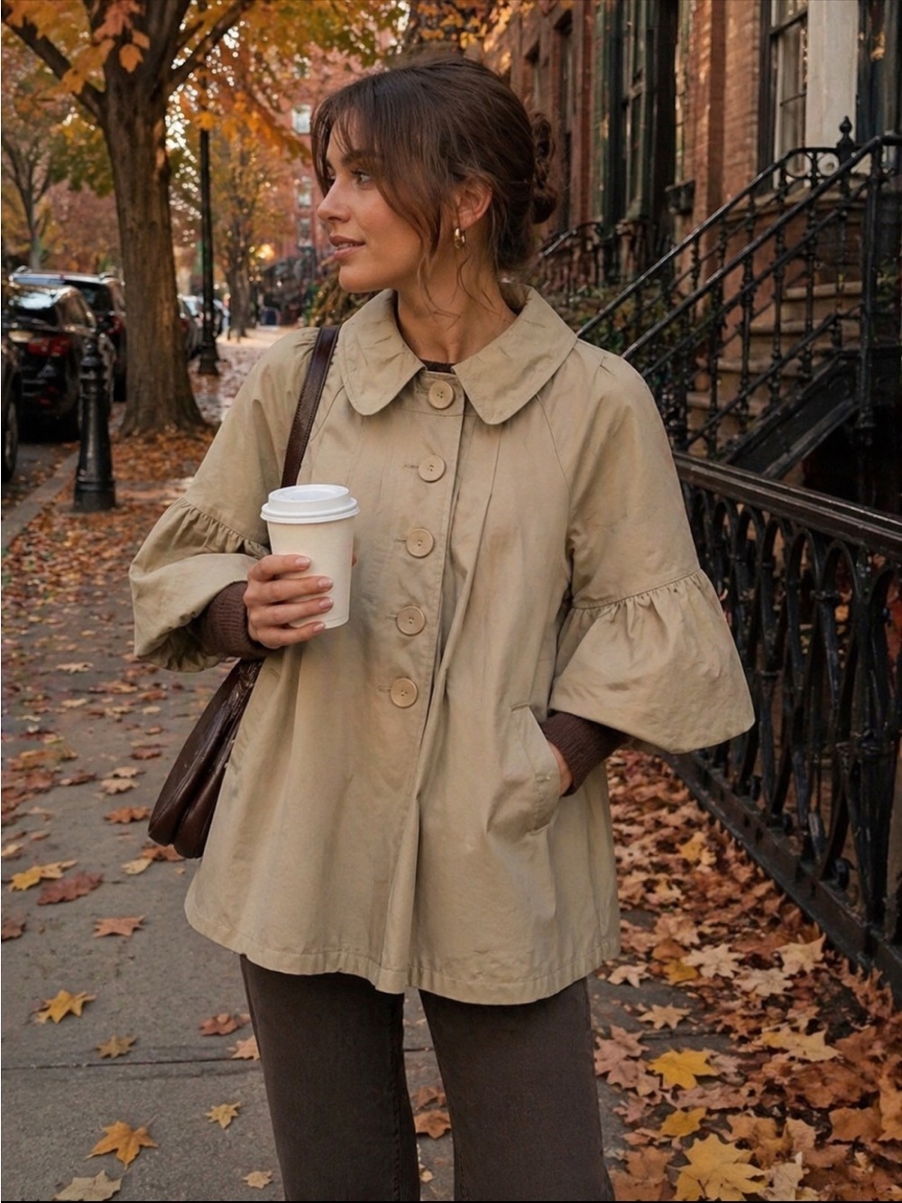 RYU Puff Sleeve Jacket with Pockets Tan Preppy Y2K